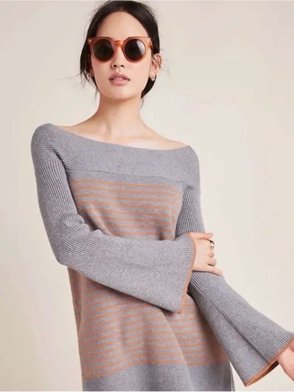 Anthropologie | Elise Ribbed Off-the-Shoulder Bell Cuff Sweater | Sz S